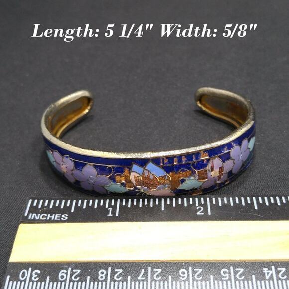 Vintage Blue Cloisonné Butterfly Floral Cuff Bracelet Enamel Copper 5 1/4" - Picture 4 of 7